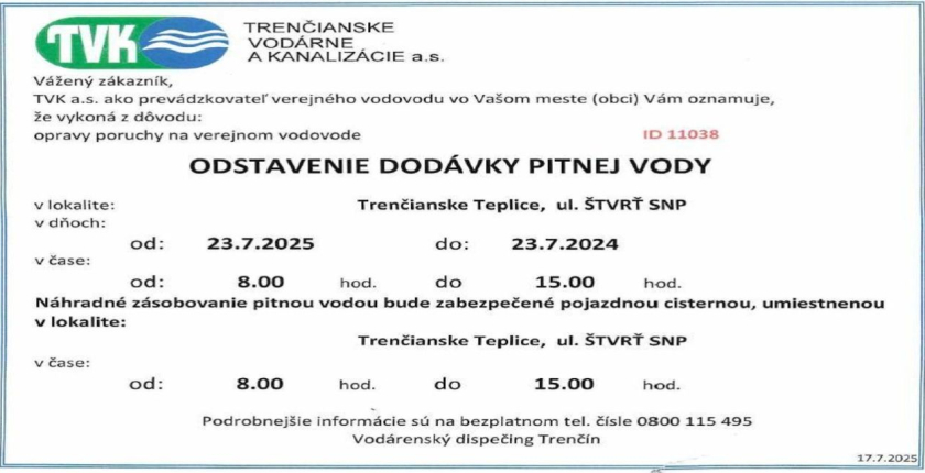 Odstavenie dodávky pitnej vody 23.07.2025 od 8 do 15 hod, Štvrť SNP, Trenčianske Teplice